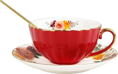 Набір чашок і блюдців fanquare об'ємом 200 мл для 1 людини, керамічна чашка з золотим обідком, порцелянова кавова чашка з ложечкою, темно-зелена (з червоними квітами)