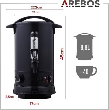 Електричний глінтвейновий котел Arebos 950 Вт | Глінтвейновий диспенсер | 8,8 л | з піддоном, краном, термостатом та захистом від перегріву | Регулювання температури 30-110°C | Чорний