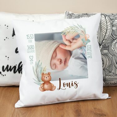 Подушка Striefchen в подарунок на Хрещення або народження з ім'ям і датою - Плюшевий ведмедик - подарунок для дитини або подушка для пологів (фото)