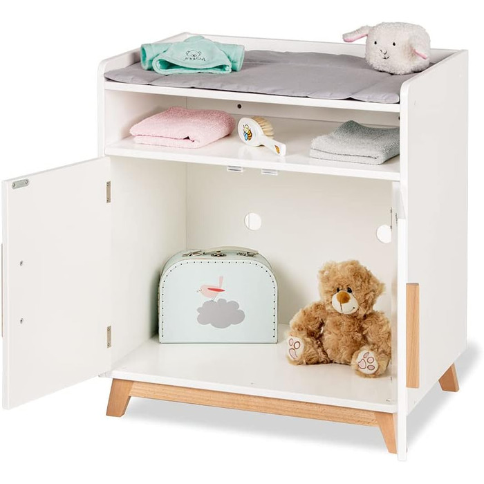 PINOLINO Столик для переодягання ляльок Marit, дерев'яні меблі для ляльок, скандинавський стиль, білий, з блискучим лаком, з пелюшкою, 2 дверцята, 1 полиця, для дітей від 2 років, 52x40x59 см