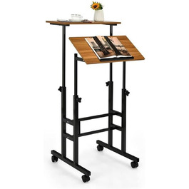 Письмовий стіл сидячи з регулюванням висоти, стіл для креслення комп'ютерного столу з коліщатками, мобільний стіл стоячи з 2 окремими робочими місцями, робочий стіл для ПК (коричневий)