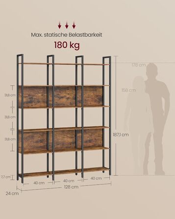 Стелаж VASAGLE з 5 відкритими полицями: для кухні, вітальні, офісу, промисловий дизайн, 24 x 128 x 154,1 см, vintagebraun-tintenschwarz