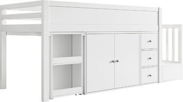 Ліжко дитяче 90x200, дерев'яне з шухлядами, полицями та бічною панелью, захистом від падіння, ламелями та місцем для зберігання, підліткове, функціональне, без матраца, біле