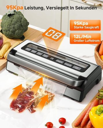 Вакууматор для продуктів 9-в-1 з потужністю 95 кПа, регулюванням часу та тиску, функцією пам'яті, подвійним запаянням, вбудованим різаком та відсіком для пакетів, корпус із нержавіючої сталі, у комплекті 2 ролини та шланг