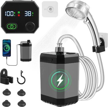 Портативна електродушова система для кемпінгу з акумулятором 6000mAh, фільтрацією, покажчиком температури та шлангом 2м