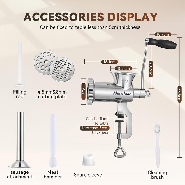 М'ясорубка ручна Hanchen з нержавіючої сталі, багатофункціональна, для ковбас та овочів (12 насадок)