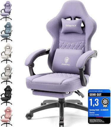 Ігровий крісло Dowinx з тканини та кишеньковим пружинним сидінням, крісло для геймерів з масажем та підголівником, ергономічне гоночне ігрове крісло з підніжкою, висувна підніжка (фіолетовий, висувна підніжка)