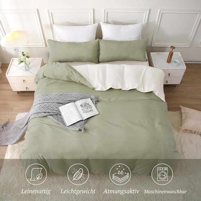 Набір постільної білизни SOULFUL 155x220, бавовна, з блискавкою, текстура як stone washed льон, 1.5 спальне ліжко, 2 шт. (Vintage Green)