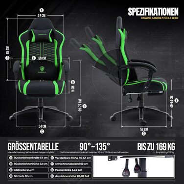 Ігровий крісло Dowinx з підігрівом, масажем, підтримкою попереку, кишеньковим пружинним сидінням та підставкою для ніг. Зелений колір.