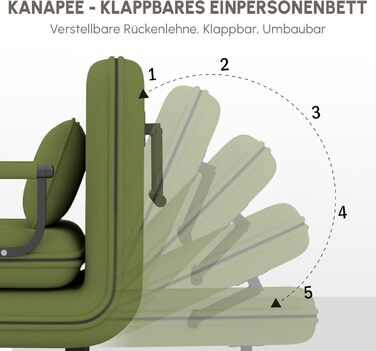 Крісло-ліжко Fabulcozy для дорослих, 4-в-1, сіре (зелене), 60x68x85 см. З металевим каркасом, з подушкою та підлокітниками. Великий комфорт.