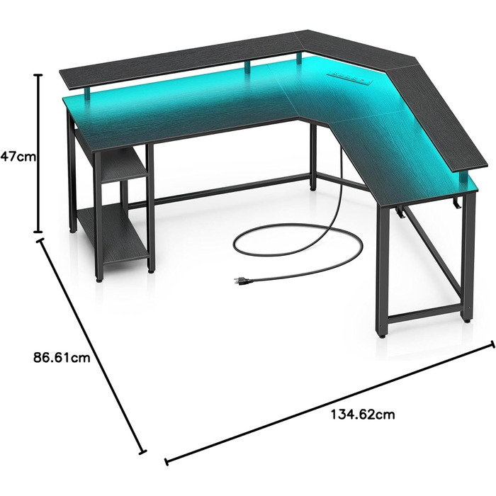 Комп'ютерний стіл Rolanstar L-подібний з RGB підсвічуванням та розетками, реверсивний кутовий стіл для геймінгу з полицею та 2 гачками, для офісу, робочого кабінету, спальні (Чорний, 117см), Чорний 137 x 117x 87см