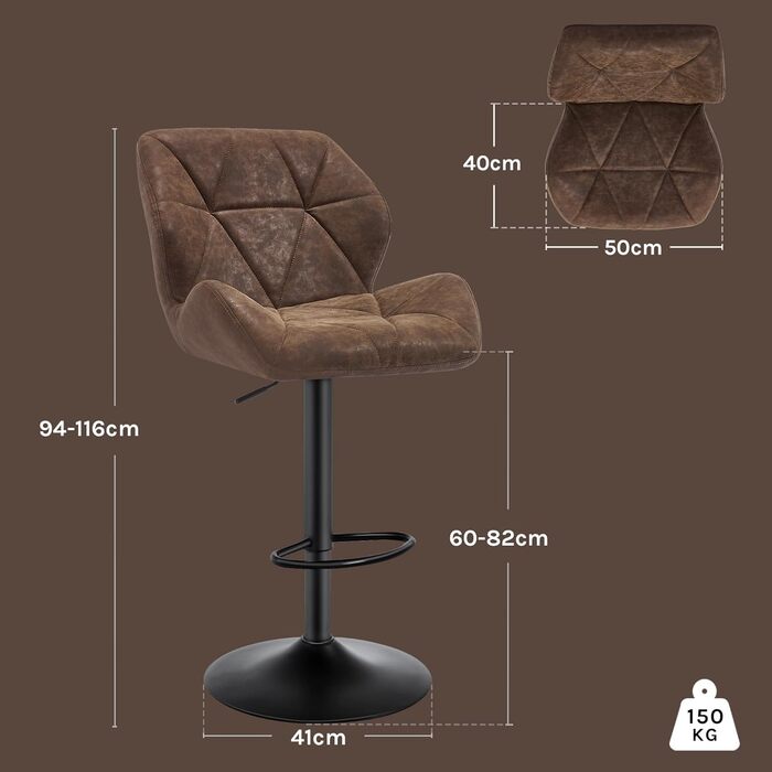 Барні стільці WOLTU 2 шт. - комплект, регульована висота, обертання, штучна шкіра, сталь, темно-коричневий