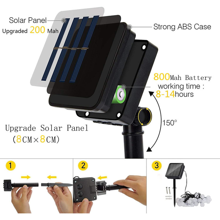 Вулична сонячна гірлянда, захист від атмосферних впливів, 50 світлодіодних гірлянд для саду, 8 режимів, 7 м / 24 фути, крім / критих ліхтарів, Вулична сонячна лампа для саду