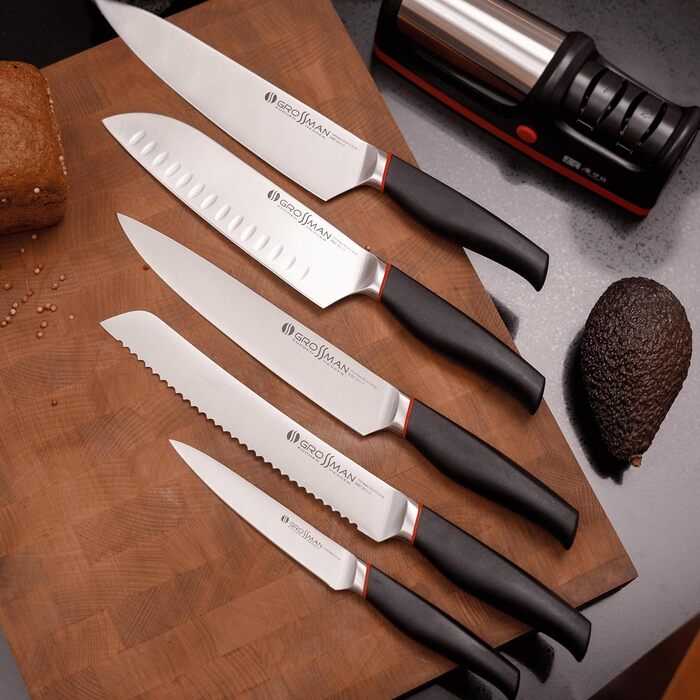 Набір кухонних ножів Grossman Bryant Messerblock 5-piece – набір з 5 ножів з нержавіючої сталі, чорні ручки, підставка з дерева, колір мідно-коричневий, антиковзне покриття