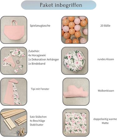 Дитячий намет-тіпі з килимком, подушкою та м'ячами - Тіпі для дитячої кімнати, ігровий будиночок для дівчаток, намет-тіпі для дітей, ігрові прилади для дому - Рожевий сад