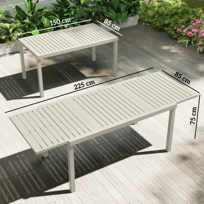 Розкладний обідній стіл з алюмінію 150/225 x 85 см для 6-8 осіб, прямокутної форми, з ламельною текстурою