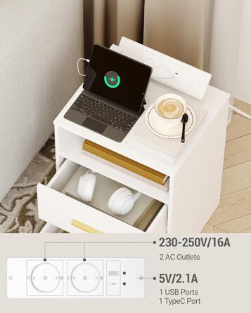 Приліжковий столик Hzuaneri з USB, Type-C, LED-підсвіткою, 2 шухлядами і замком, білий для спальні/вітальні