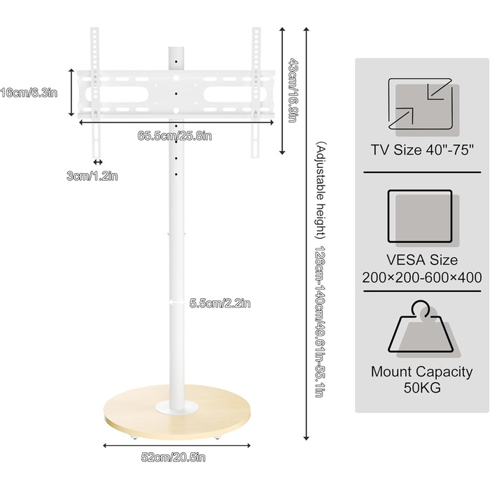 Підставка для телевізора Unho з регульованою висотою, біла, на коліщатках, для екранів 40-75 дюймів, VESA 600x400 мм, до 50 кг
