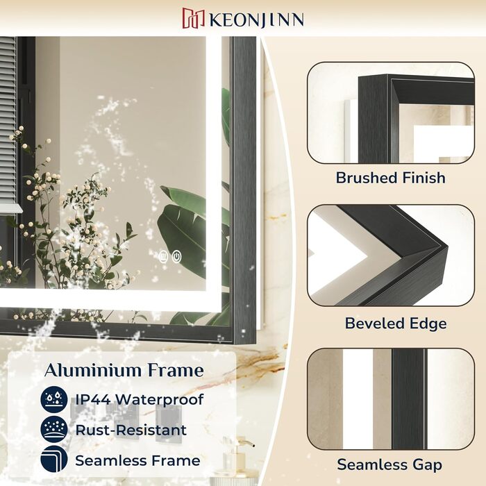 Дзеркало для ванної кімнати Keonjinn з підсвічуванням, металевий каркас 50x70 см, антизапар, LED, сенсорне керування, 3 кольори світла, диммування, пам'ять, настінне дзеркало (Чорний, 60 x 100 см)