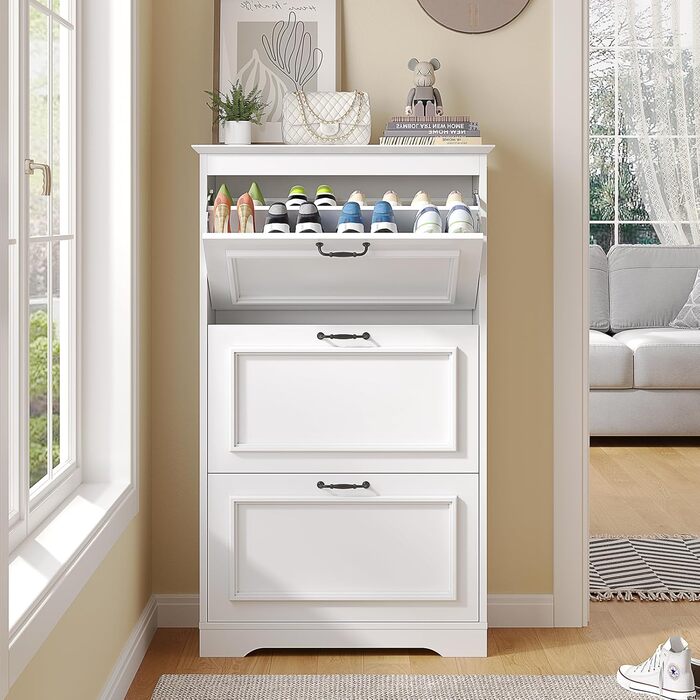 Шкаф для взуття Brinlawb з 3 дверцятами, білий. Комод для взуття, полиця для взуття з регульованими перегородками, для 14-18 пар. Дерев'яний шкаф для вхідної зони, коридору, вітальні.