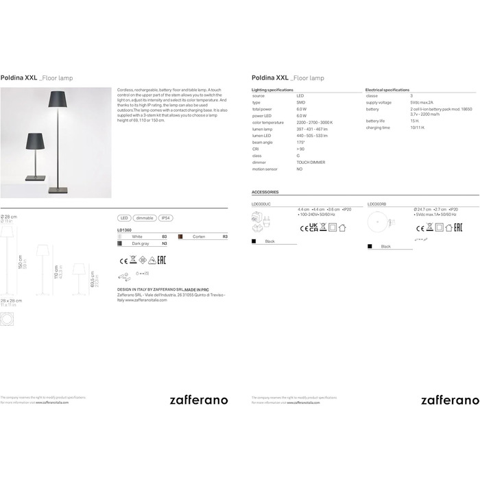 Zafferano Poldina XXL: Бездротова LED-стійка лампа з регулюванням висоти, диммер, 69-150 см, для дому та саду (темно-сірий)