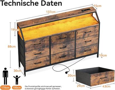 Комод ODK з висувними ящиками, 9 тканинних ящиків, 2 розетки, 2 USB-порти, LED-підсвітка, для спальні/вітальні, вінтажний стиль