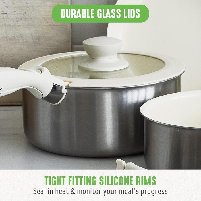 Набір кухонного посуду GreenLife 10 предметів з антипригарним покриттям, знімними ручками та функцією складання. Безпечний, не містить PFAS, підходить для індукційних плит, економія місця, сервіровочні миски.