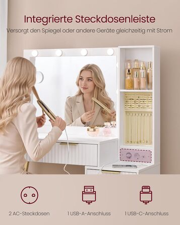 Дзеркальний туалетний столик VASAGLE з пуфом та 10x збільшенням, LED-підсвічуванням, ящиками та станцією для зарядки, 40 x 110 x 135 см, білий