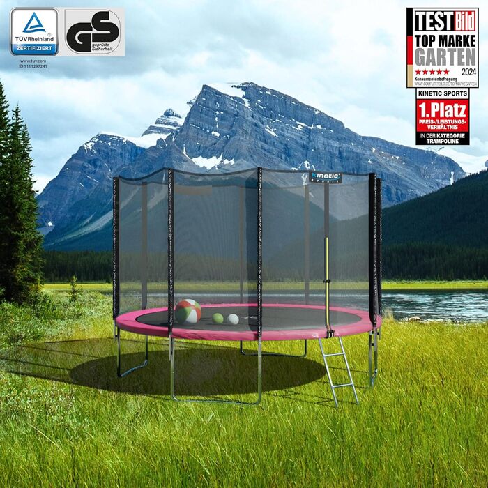 Батут вуличний KINETIC SPORTS Salto Plus Ø 244 см рожевий: з сіткою, драбиною та захисним покриттям для дітей