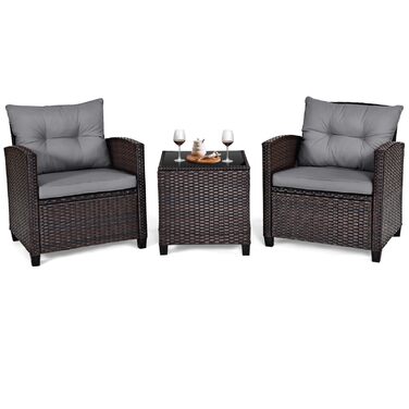 Набір садових меблів LIFEZEAL 3 предмети: 2 крісла та стіл з штучного ротангу (PE) з подушками, скляна стільниця, для тераси, балкона, саду - сірий