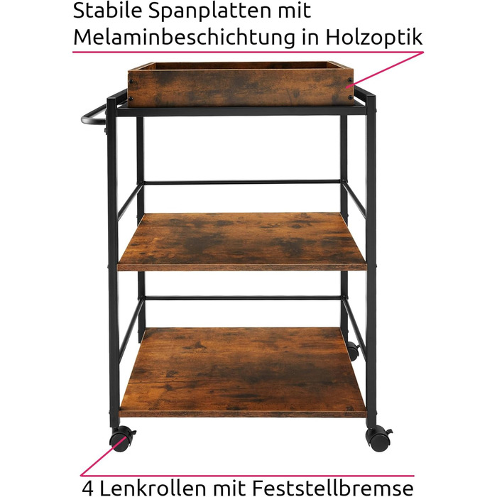 Візок для сервірування Tectake, 65x41.5x87 см, знімний піднос, 2 дерев'яні полиці, індустріальний стиль, чорний метал