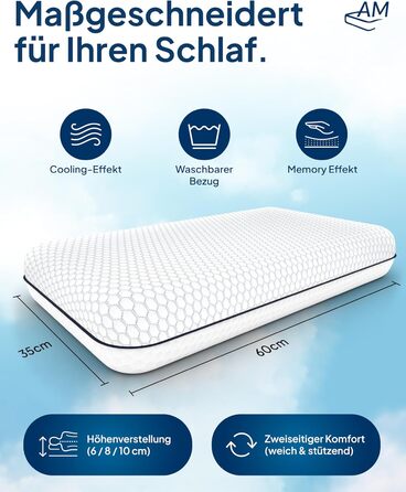 Преміум-матрац з підтримкою шиї AM, регульована висота, ефект охолодження, чохол з Tencel, Made in Germany, сертифікат Oeko-TEX, з гелевим та віскоеластичним шарами, білий
