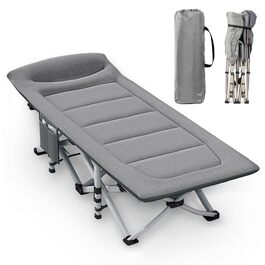 Розкладне кемпінгове ліжко CALIYO з матрацом, 200x80x40 см, витримує до 200 кг, сталевий каркас, тканина Оксфорд, сіре (з сумкою для зберігання)