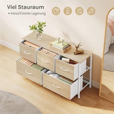 Комод WOLTU з 5 висувними ящиками з тканини, шафа-комод, тумба під TV, для вітальні, спальні, передпокою, з металевим каркасом та ДСП, білий, SSK005ws, білий (світлий дуб + білий, 5 тканинних ящиків)