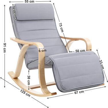 Крісло-гойдалка SONGMICS з берези, сіре, з регульованою підніжкою, бавовняний чохол, до 150 кг