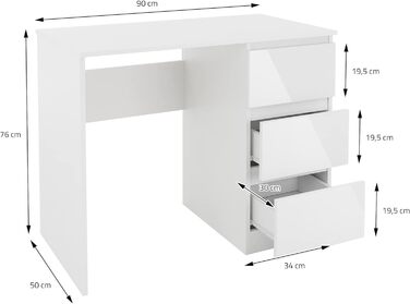 Письмовий стіл ML-Design з 3 шухлядами, 90x76x50 см, з великим простором для зберігання, сучасний, робочий стіл Офісний стіл Комп'ютерний стіл Офісні меблі Дитячий стіл Стіл для ноутбука Стіл для ПК для дому/офісу (білий, фасади шухляд глянцеві)