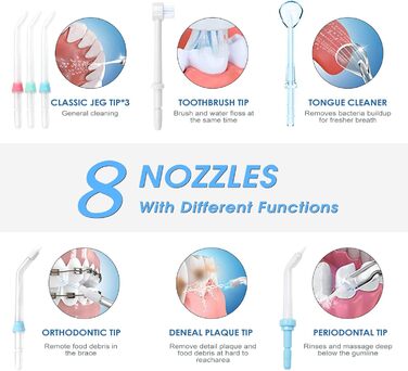 Електричний ірригатор для порожнини рота TUREWELL з 10 рівнями тиску та 8 насадками, IPX7, 600 мл, для дому (відбілювання)