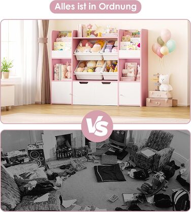 FOREHILL Дитяча полиця для іграшок та книг, стелаж для дитячої кімнати з 4 ящиками, рожевий (126x30x104 см)