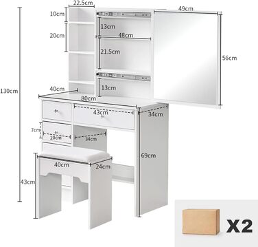 Туалетний столик OFCASA з дзеркалом, табурет, 5 ящиків, 3 полиці, 80x40x130 см, білий