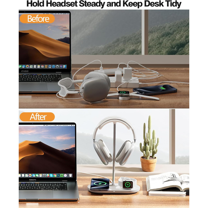 Підставка для навушників HiWe 3-в-1 з бездротовим зарядним пристроєм для телефону/AirPods/iWatch. Алюмінієва стійка, шкіряний підклад, ABS-основа, білий колір.