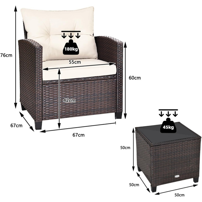 Набір садових меблів LIFEZEAL 3 предмети: 2 крісла та стіл з ротангу PE, скляна стільниця, подушки для тераси, балкона, саду (Коричневий з чорним)