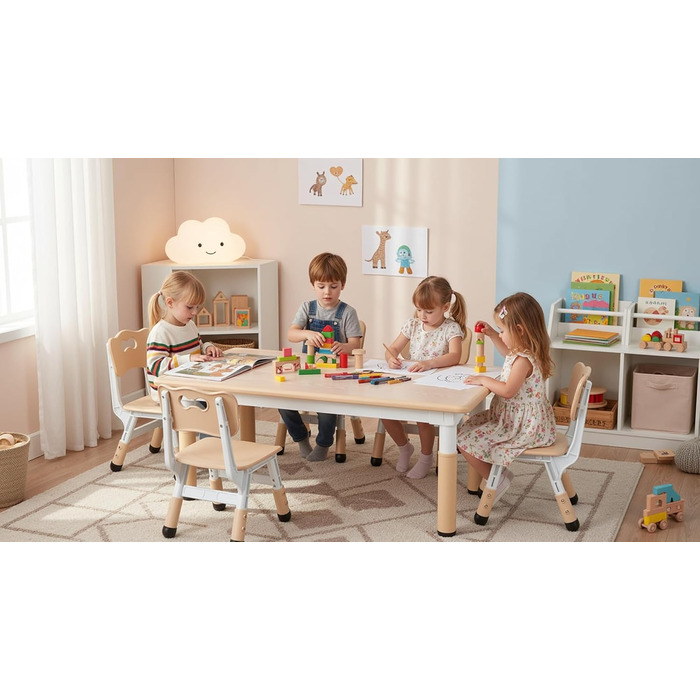 Дитячий стіл з 6 стільцями: комплект для дитячого садка та кімнати, регульована висота, пластикові меблі, жовтий