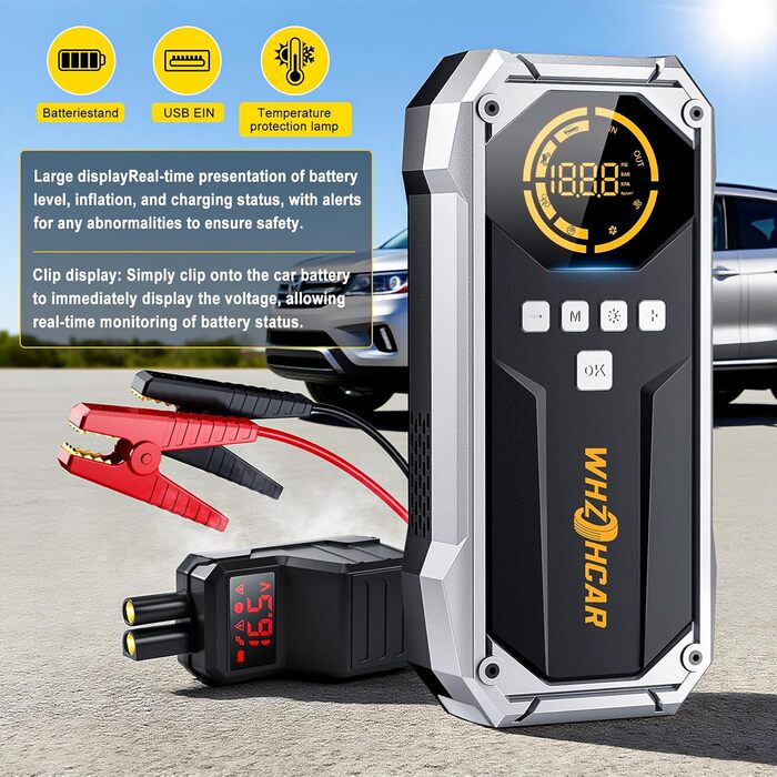 Портативний пусковий пристрій Starthilfe Powerbank 6000A з компресором, ліхтарем Lumen та LCD-дисплеєм. Чорний