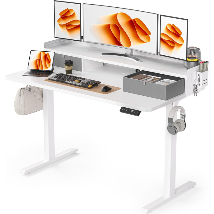 Електричний письмовий стіл WALKINGDESK з регулюванням висоти, 2 шухлядами, ергономічний сидячи-стоячи, для домашнього офісу, з полицею, гачком, DIY-панеллю, 122x61 см, білий