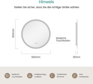 Дзеркало для ванної кімнати EMKE з підсвічуванням 80x60 см, сенсорне управління, антизапар, 3 кольори світла, регулювання яскравості, функція пам'яті, енергозбереження
