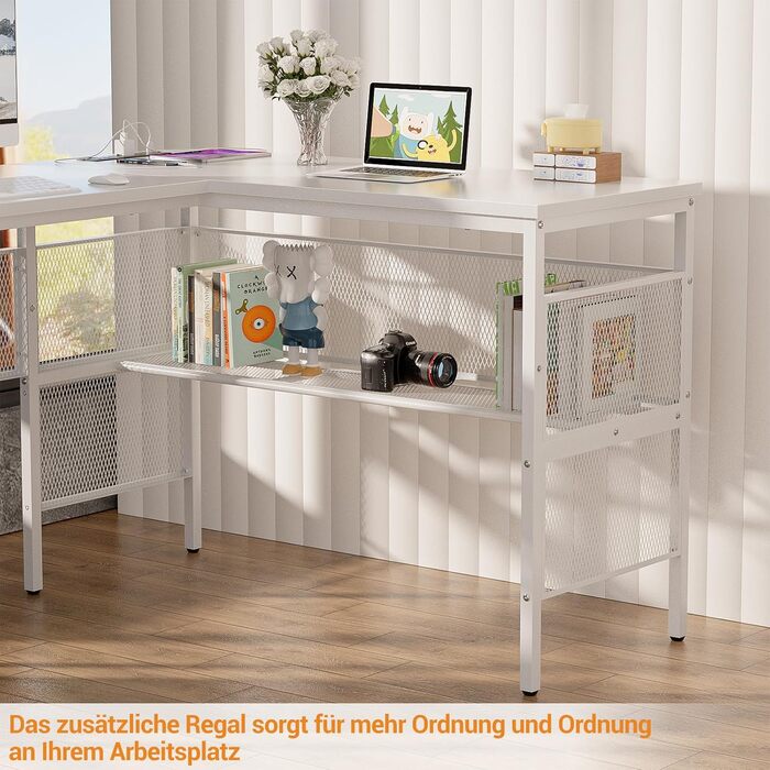 L-подібний ігровий стіл, 141x117x76 см, комп'ютерний стіл з полицею, офісний стіл з поворотним кутом для навчання, ігор, home office (білий)