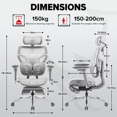 Офісний крісло MUSSO X700 з підтримкою попереку GlideTrack, 6D підлокітники, 4D підголівник, ковзне сидіння та підставка для ніг – інтелектуальний комфорт для роботи, навчання та геймінгу (світло-сірий)