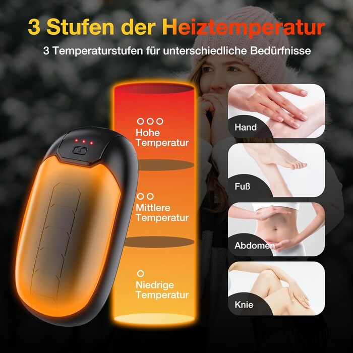 Електричний грієчка для рук, перезаряджається, з магнітом, 7 годин тепла, 3 режими, до 56°C, USB-C, для Рейно, гольф, спорт на відкритому повітрі, чорний N1