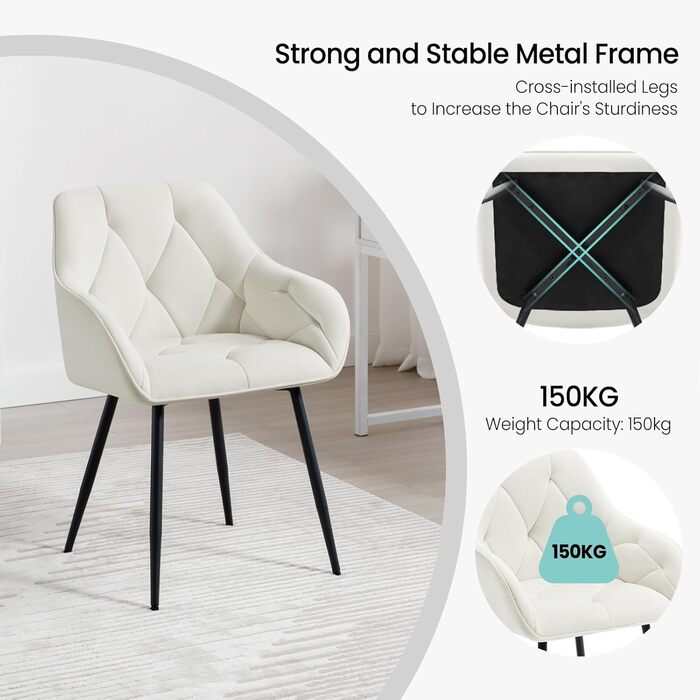 Крісла для їдальні WOLTU - 6 шт. в наборі, з м'якою спинкою та підлокітниками, з металевими ніжками, оксамитова оббивка, кремовий колір