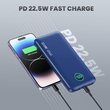 Швидкий зарядний пристрій 22,5 Вт, PD3.0 QC4.0 USB C, РК-дисплей, 3 виходи, синій, 10800mAh